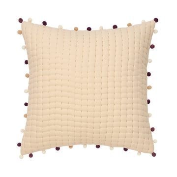 Beige Katha Poms Cushion Cover