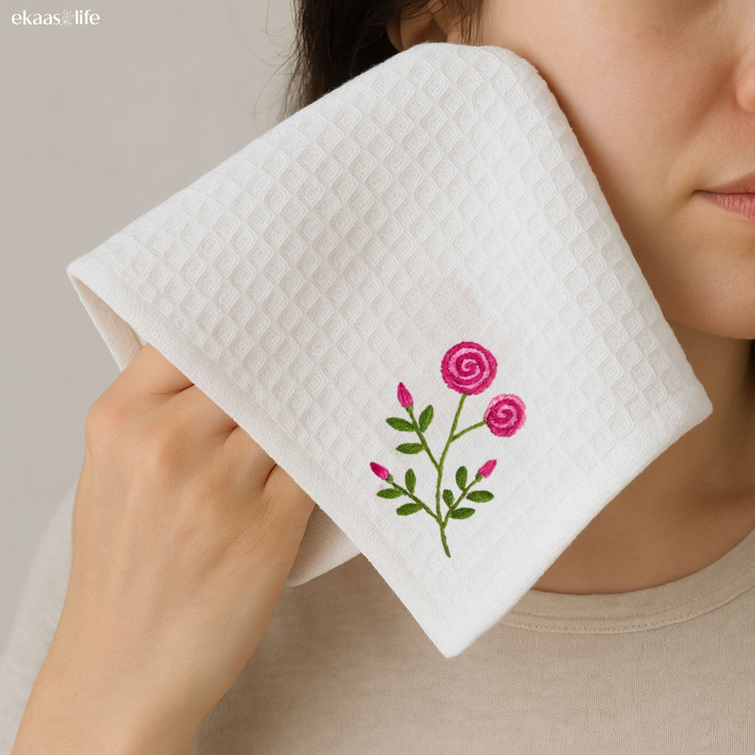 Pink Tulip Handwork Waffle Face Towel