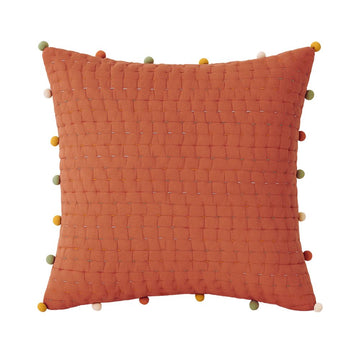 Rust Katha Poms Cushion Cover