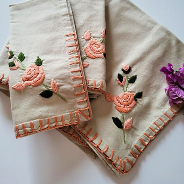 Peach Hand embroidered Cotton Table Napkin Set