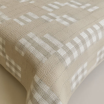 Beige Patchwork Hand Katha Quilted Bedcover