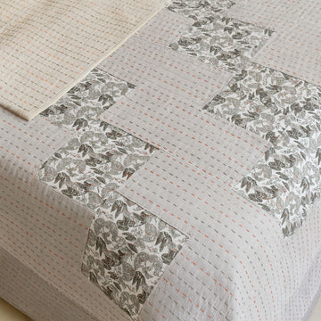 Grey Patchwork Hand Katha Quilted Bedcover