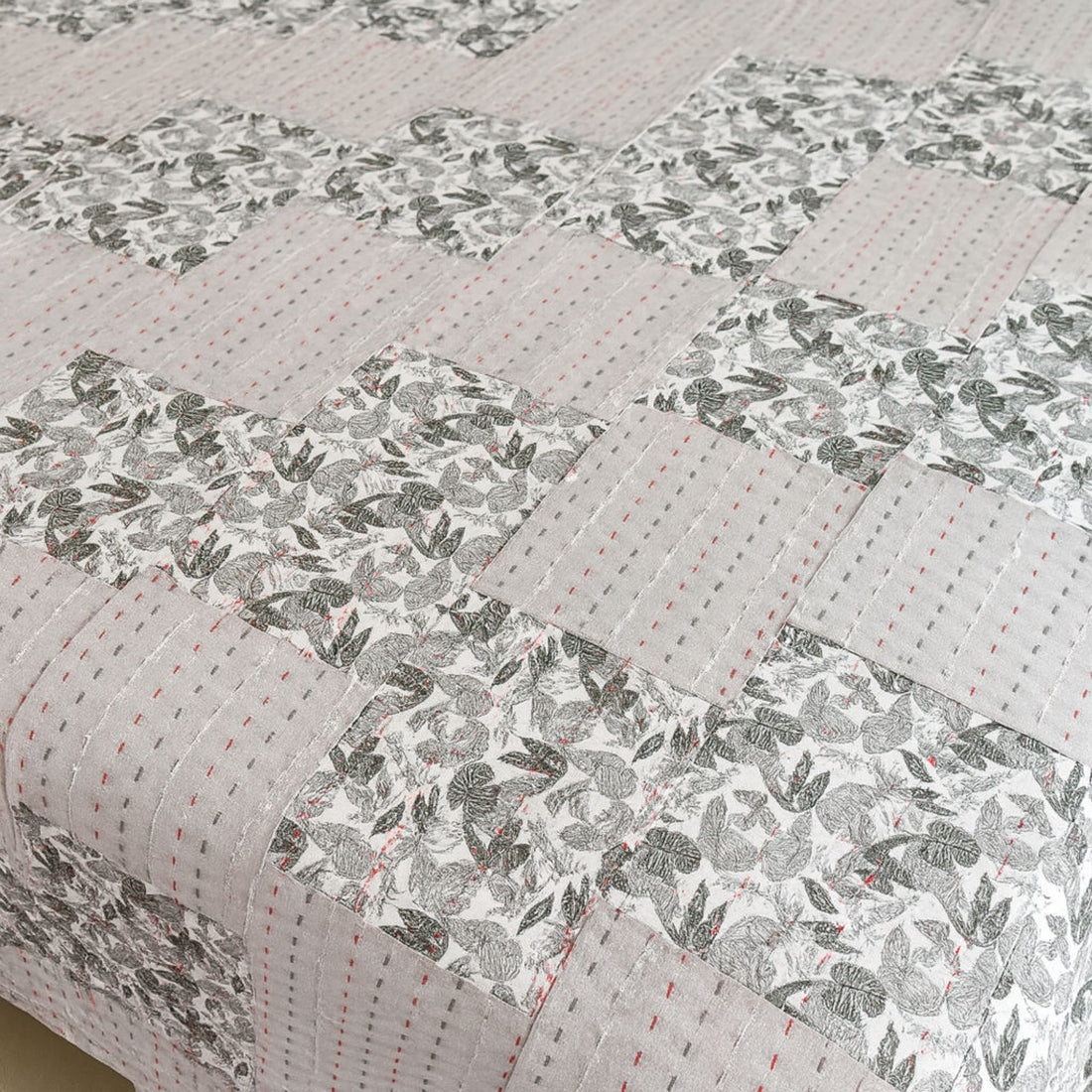 Grey Patchwork Hand Katha Quilted Bedcover