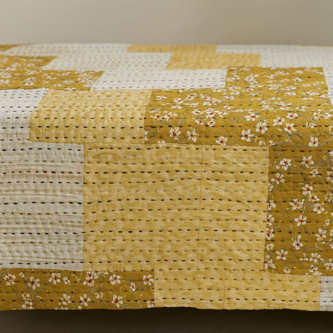Mustard Patchwork Hand Katha Quilted Bedcover