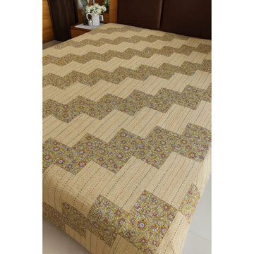 Mustard Patchwork Hand Katha Quilted Bedcover
