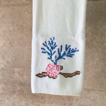 Coral Terry White Embroidered Towel
