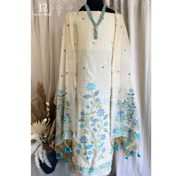 Reya Beige & Green Chanderi Unstitched Suit