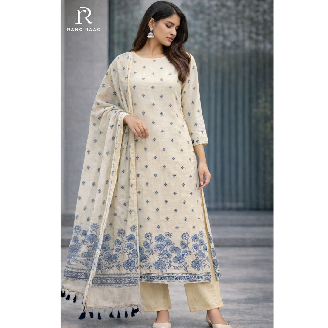 Nia Beige & Blue Moonga Silk Unstitched Suit