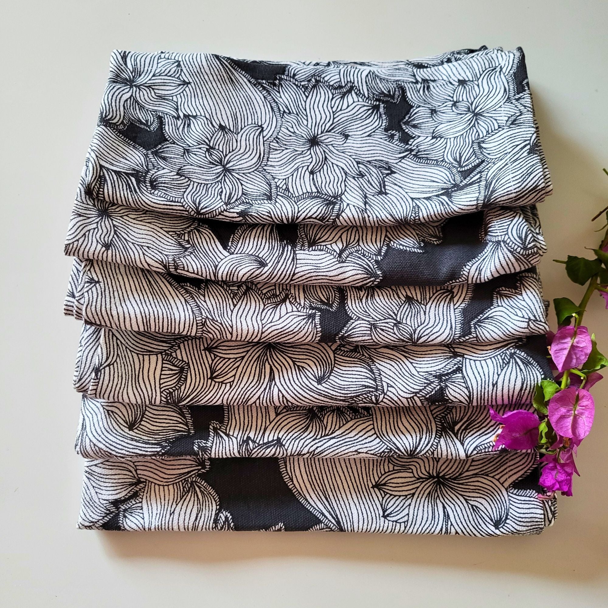 Black Floral Printed Cotton Table Napkin Set