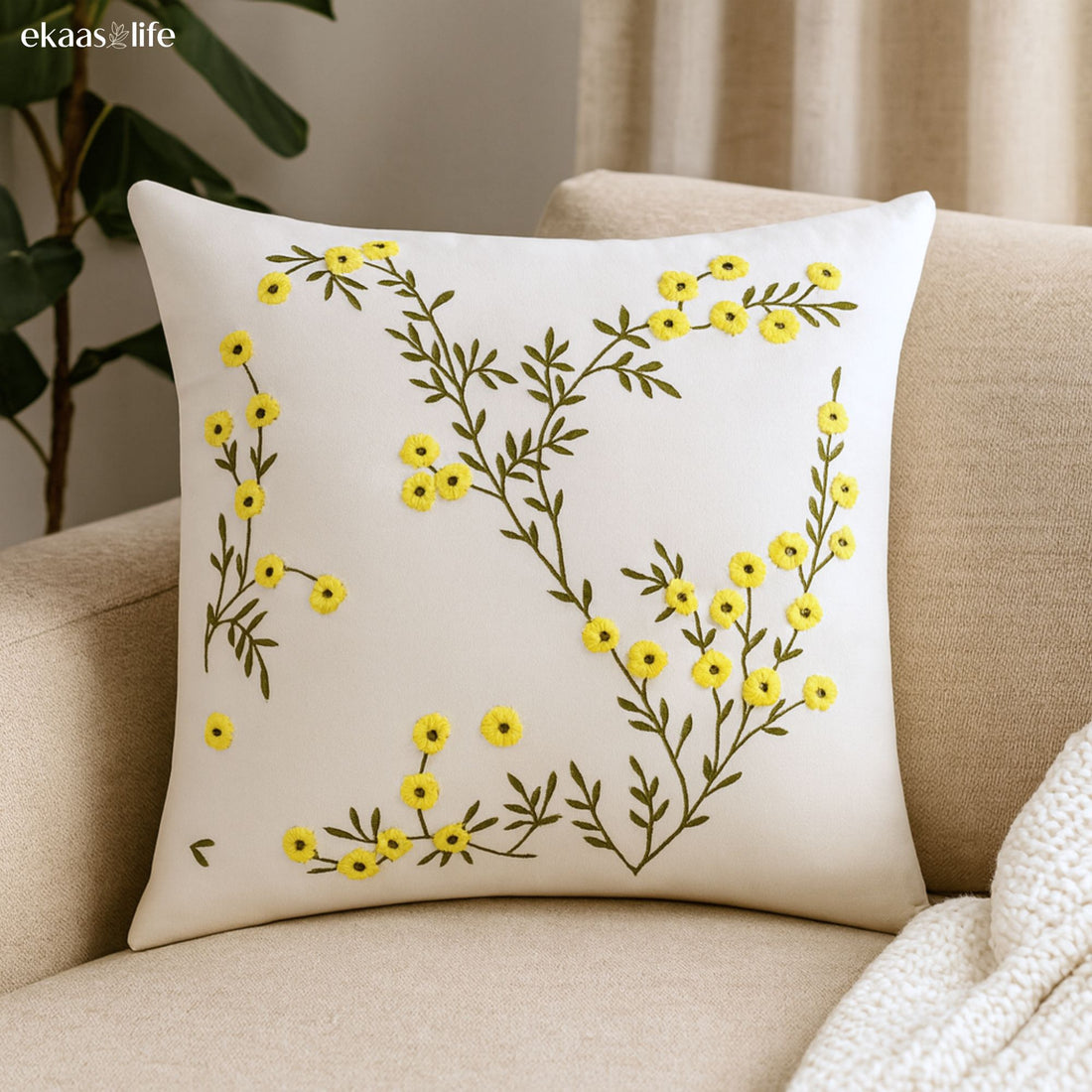 Avery Yellow Embroidered Cushion Cover