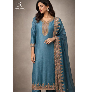 Reva Teal Tussar Silk Unstitched Suit