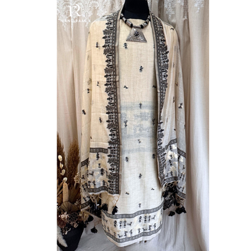 Mira Beige & Black Moonga silk Unstitched Suit