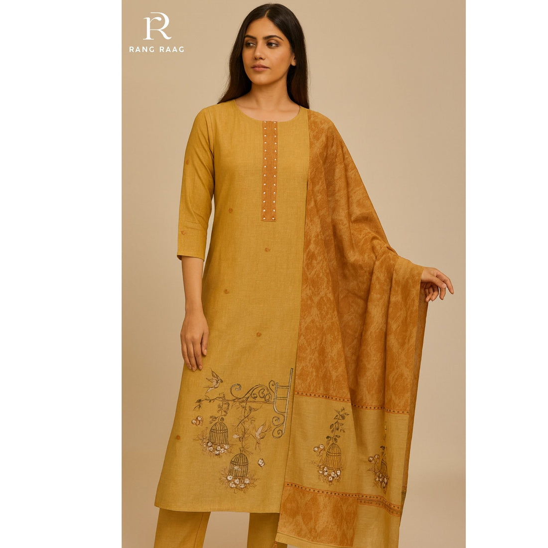 Sanjh Mustard Chanderi silk Unstitched Suit