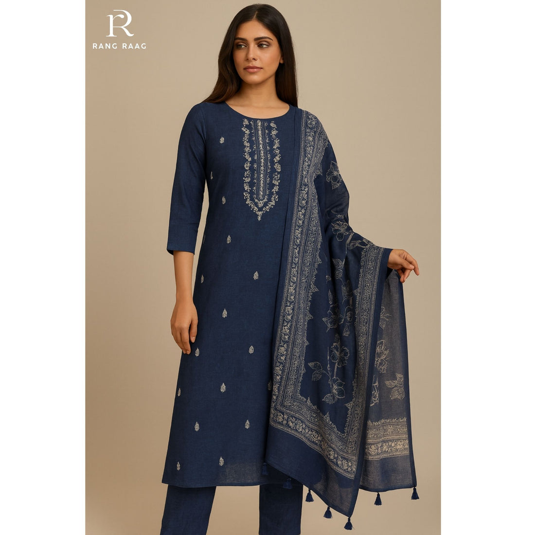 Nomi Navy Linen cotton Unstitched Suit