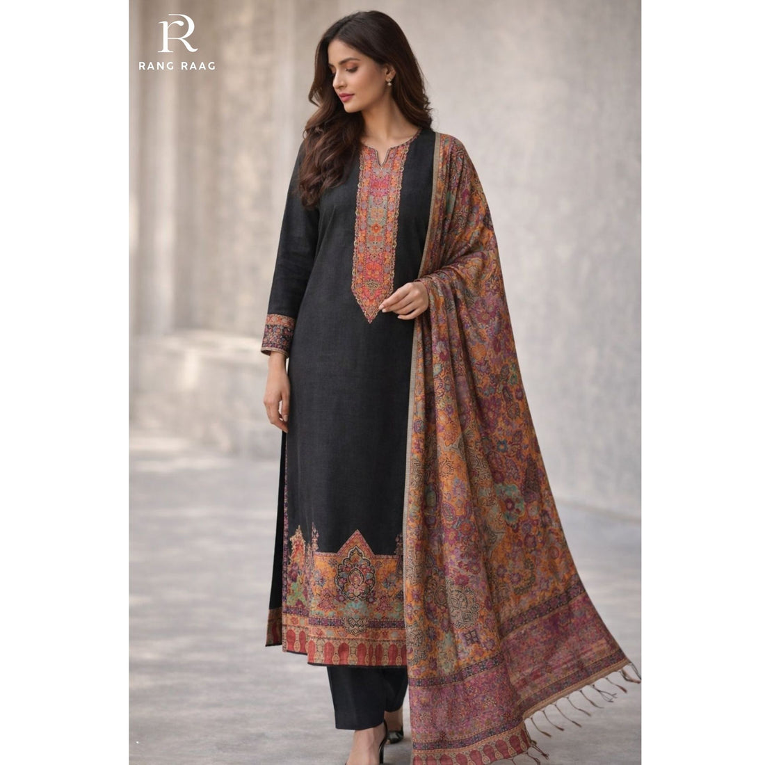 Reni Black Parshima Unstitched Suit