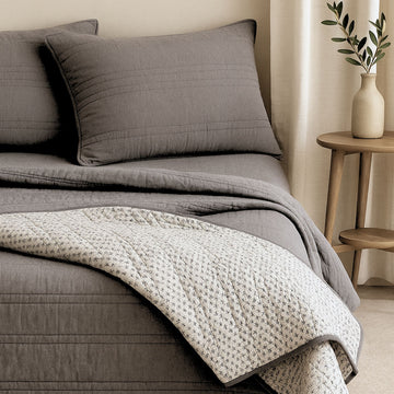 Chambray Grey Hand Katha Quilted Bedcover