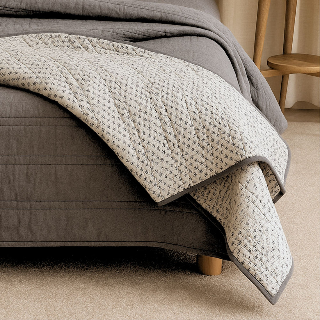 Chambray Grey Hand Katha Quilted Bedcover