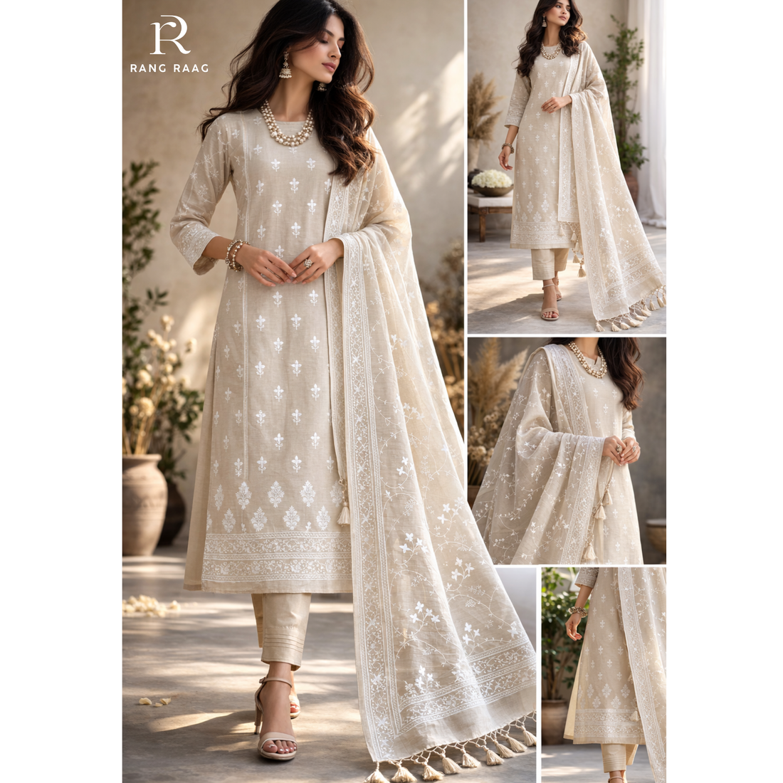 Rani Beige Tissue Silk Unstitched Suit