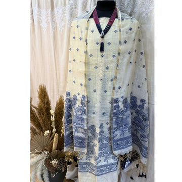 Nia Beige & Blue Moonga Silk Unstitched Suit